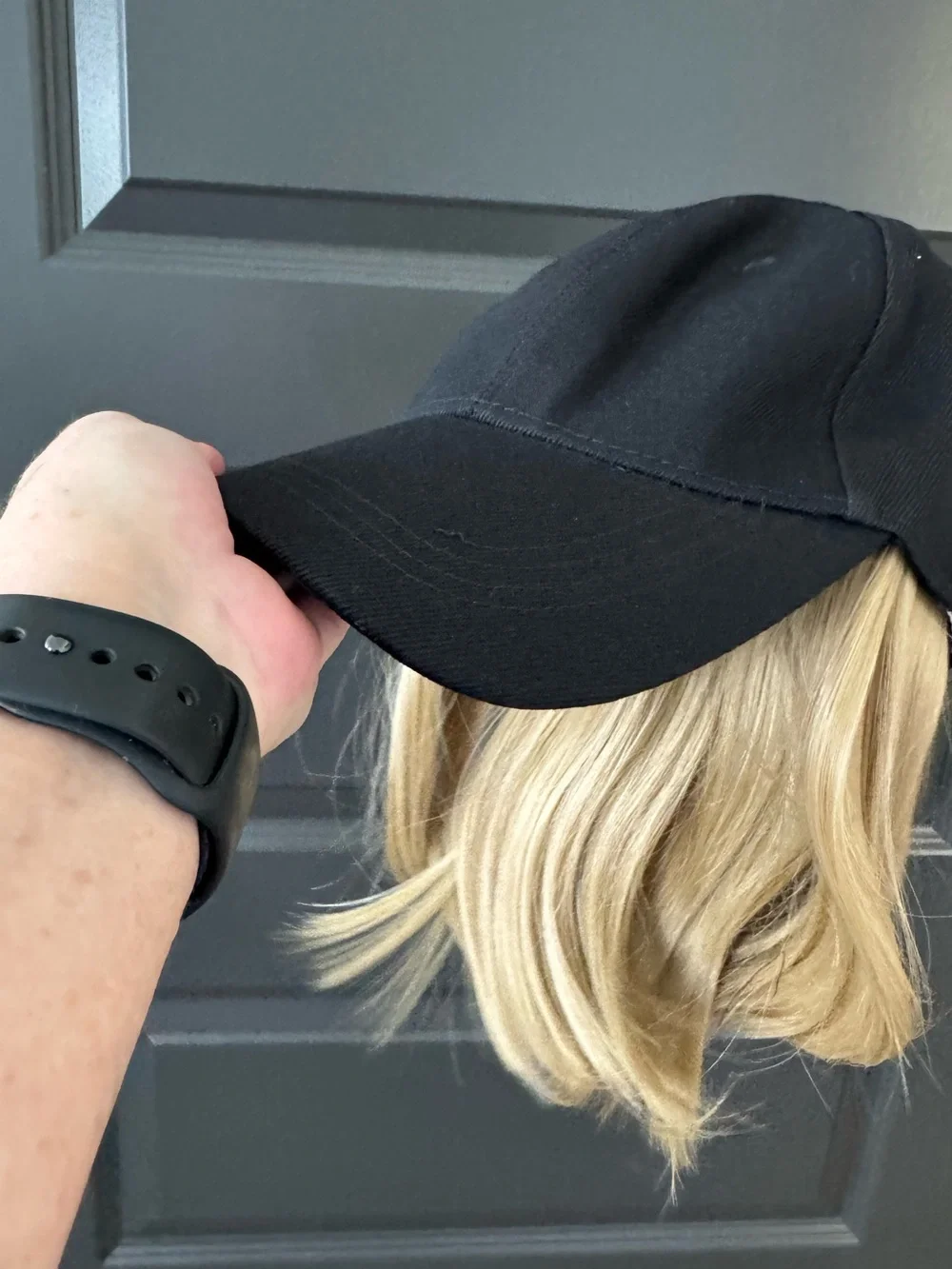 Black Baseball Cap with Blonde Wig Attachment